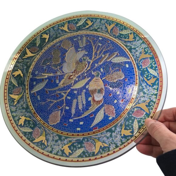 Vintage Houze Glass Pheasant Design Blue Gold Raised Pattern 11" Round MCM - Picture 3 of 5